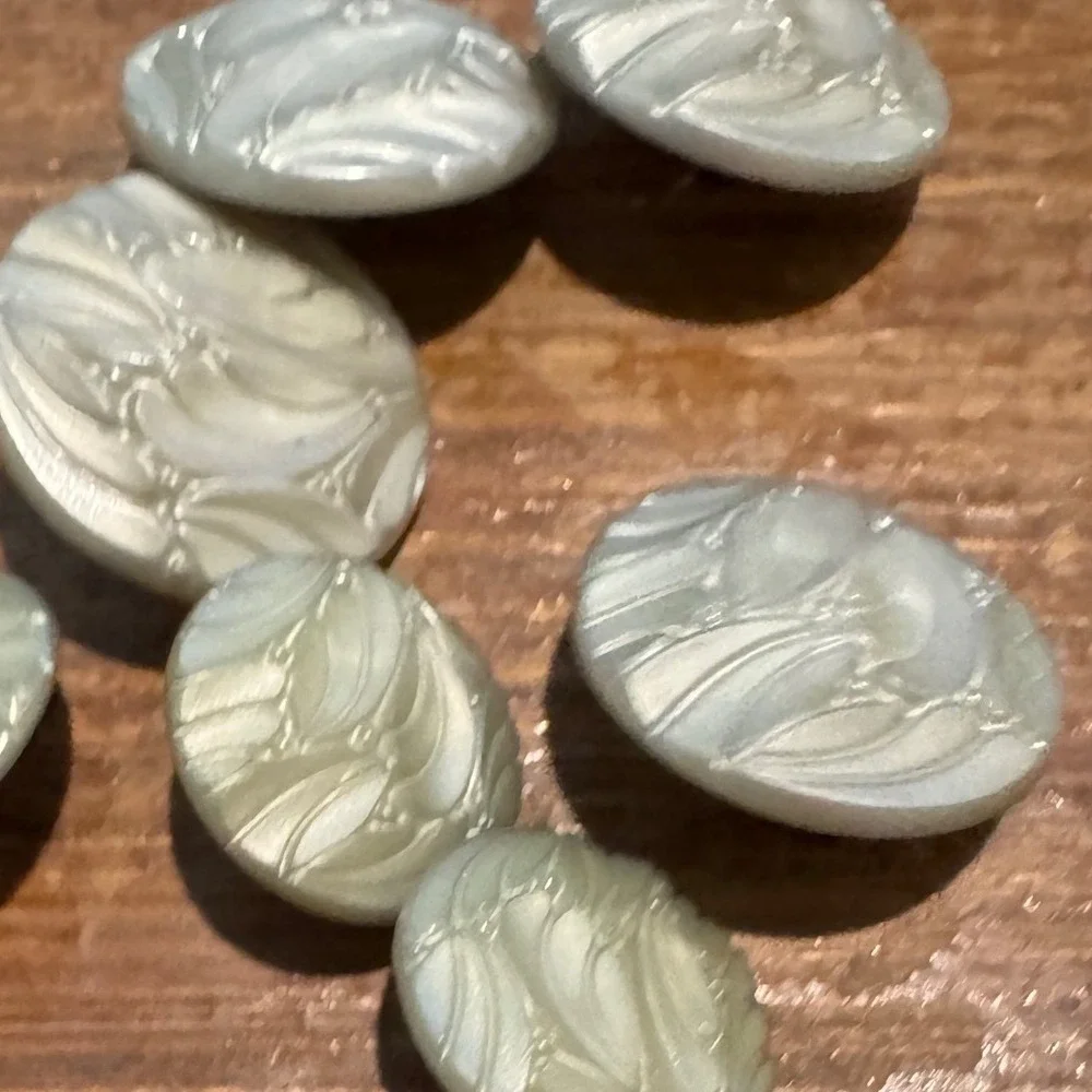 8 Vintage Iridescent Sage Green Art Nouveau Floral Leaf Shank Buttons Set